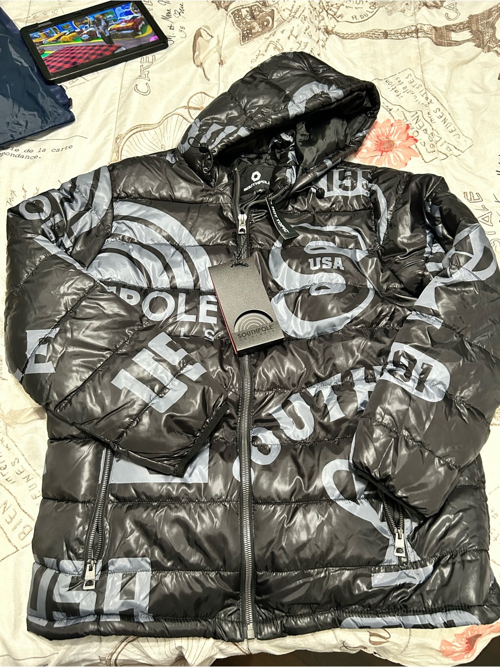 South Pole Black Puffer Jacket with Gray Graphic Print and Hood